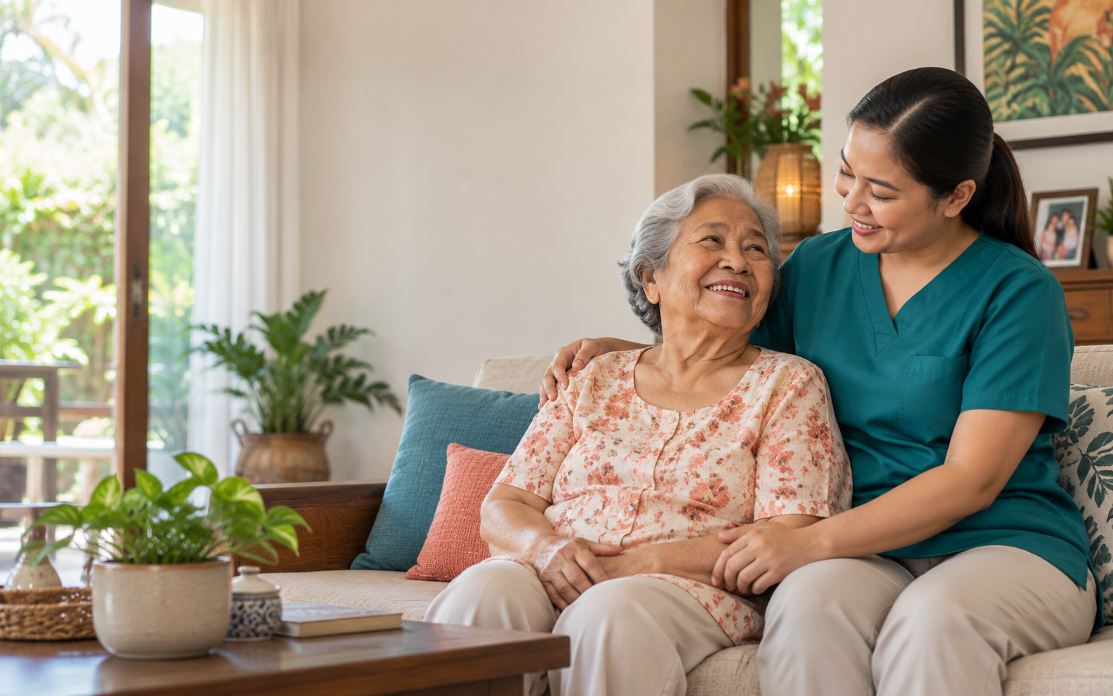 An older Filipina enjoying a warm moment with her caregiver in a comfortable home